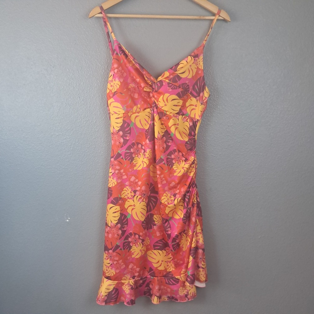 Joocy Babi Womens XL Sleeveless Tropical Monstera Floral Mini Dress Fairycore